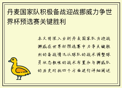 丹麦国家队积极备战迎战挪威力争世界杯预选赛关键胜利