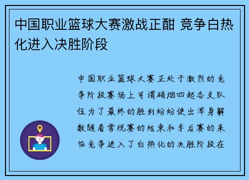 中国职业篮球大赛激战正酣 竞争白热化进入决胜阶段
