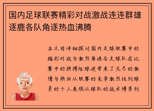 国内足球联赛精彩对战激战连连群雄逐鹿各队角逐热血沸腾